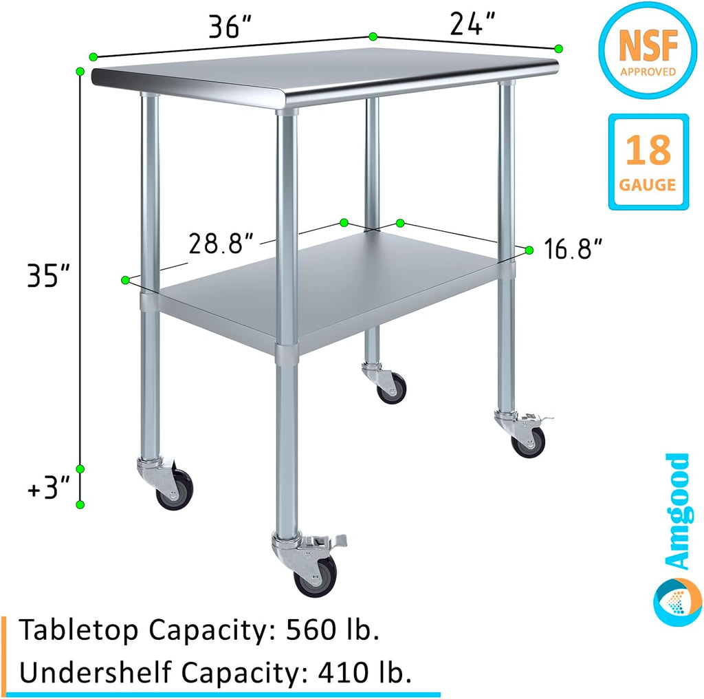 AmGood 24" x 36" Stainless Steel Work Table with Casters | Heavy Duty Metal Utility Table On Wheels | Kitchen Island Cart