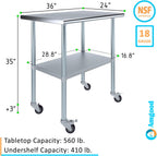 AmGood 36" Long x 24" Deep Stainless Steel Table with Casters