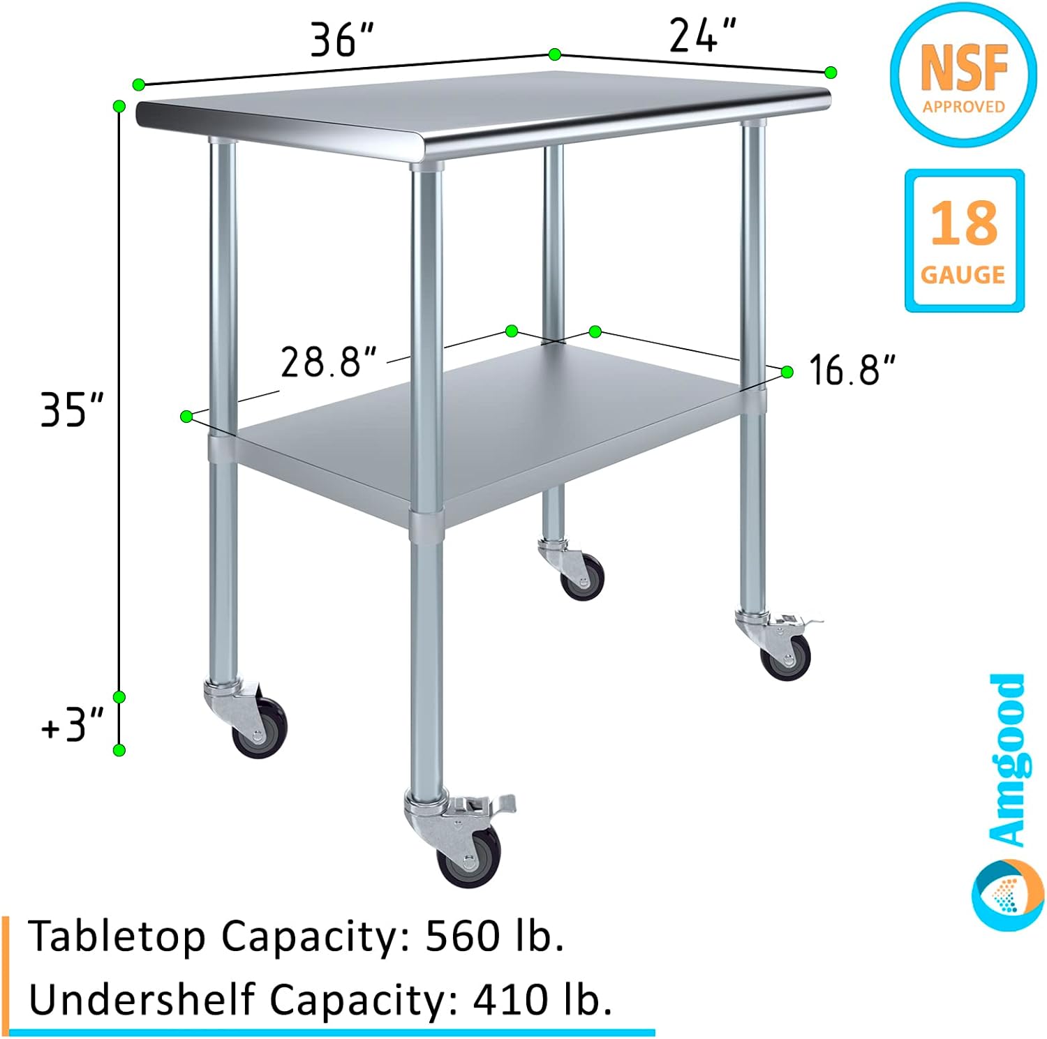 AmGood 36" Long x 24" Deep Stainless Steel Table with Casters