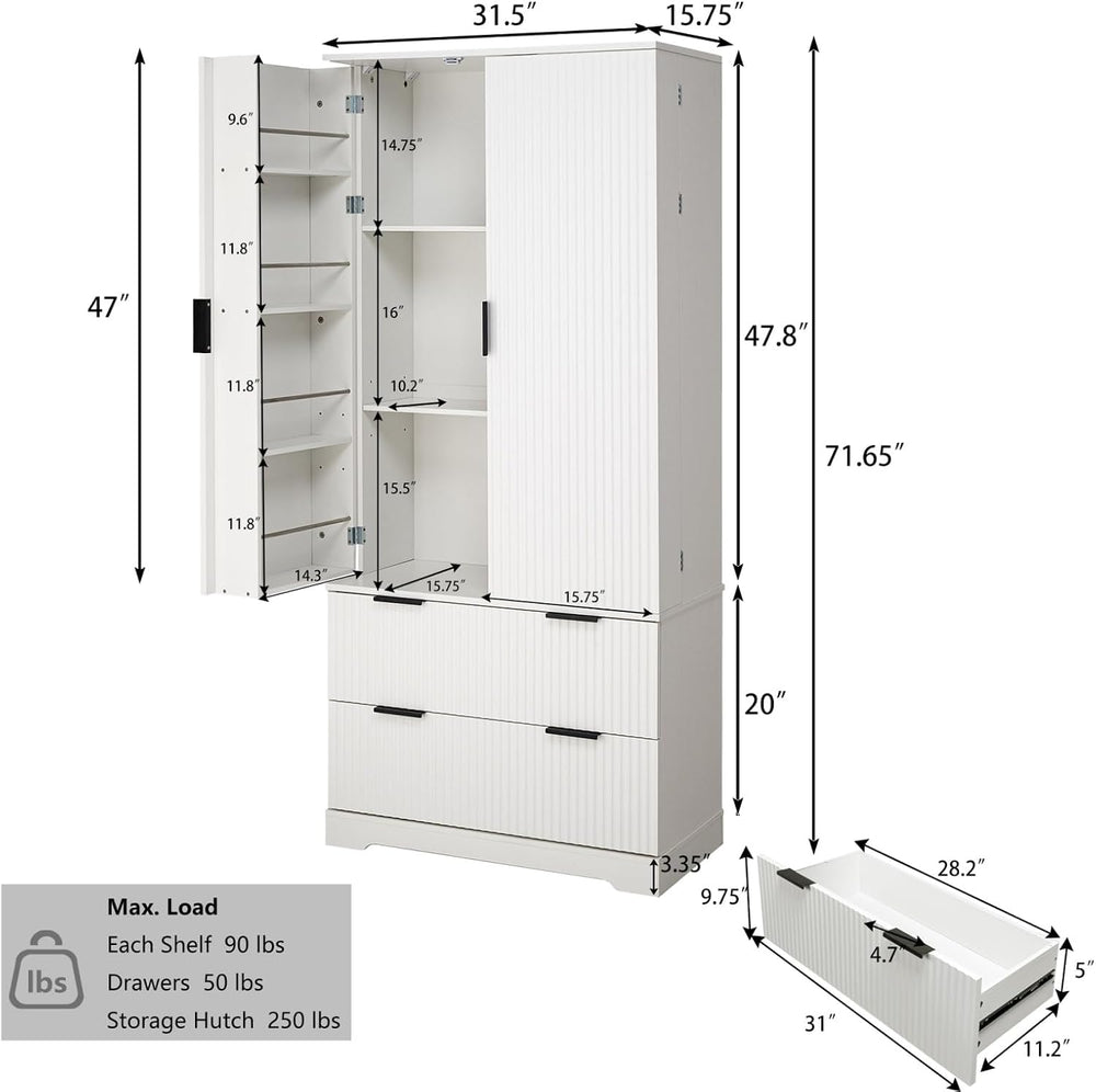72" Modern Fluted Kitchen Pantry Cabinet with 2 Large Drawers & 8-Do...