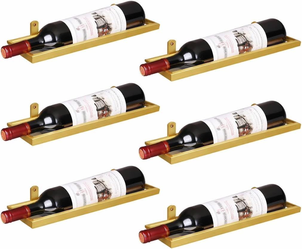 6-Shelf Metal Wall Mounted Wine Rack - Hanging Wine Bottle Holder Organizer for Kitchen, Bar, Home Storage - 6PCS Iron Wine Bottle Display Stand (6PCS-Gold)