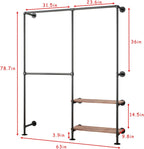 Industrial Pipe Clothes Racks with Black Shelves, Industrial Pipe Black Clothing Rack with Double Hanging Rods, Heavy Duty Wall Mounted Clothing Rack Rod for Closet Storage, Bedroom