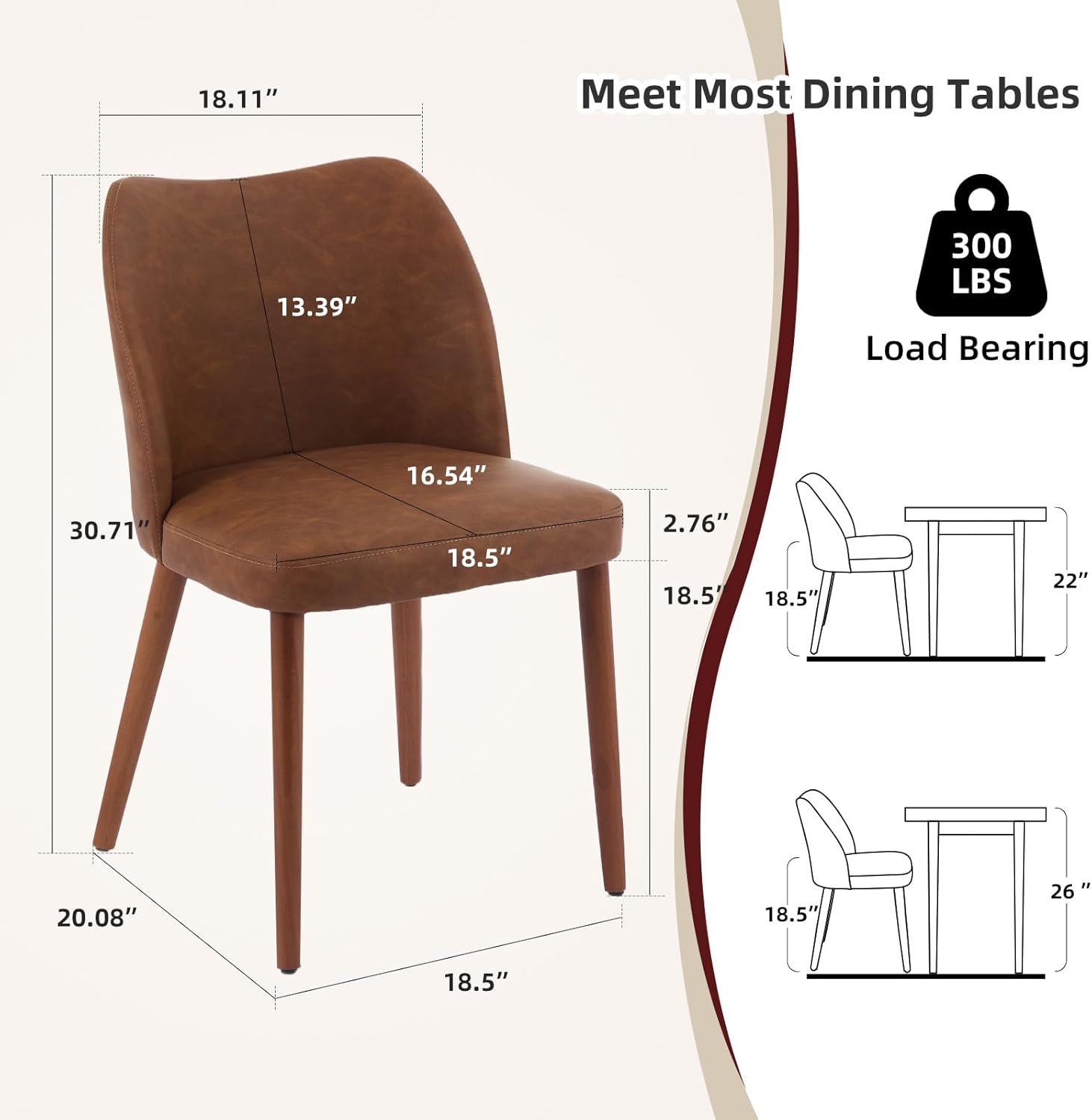GarveeHome Leather Dining Chairs Set of 4 Upholstered PU Dining Chair with Wood Legs, Wing Backrest, Wooden Kitchen Chairs with Thick Cushions, Leveling Feet for Dining Room, Living Room, Brown