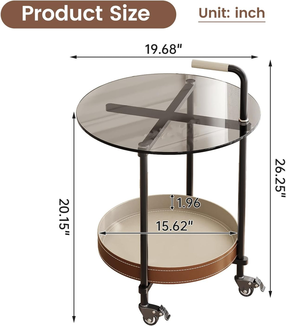 Sofa Side Table, 2-Tier Metal Frame Glass Top End Table on Wheels, Round Besi...