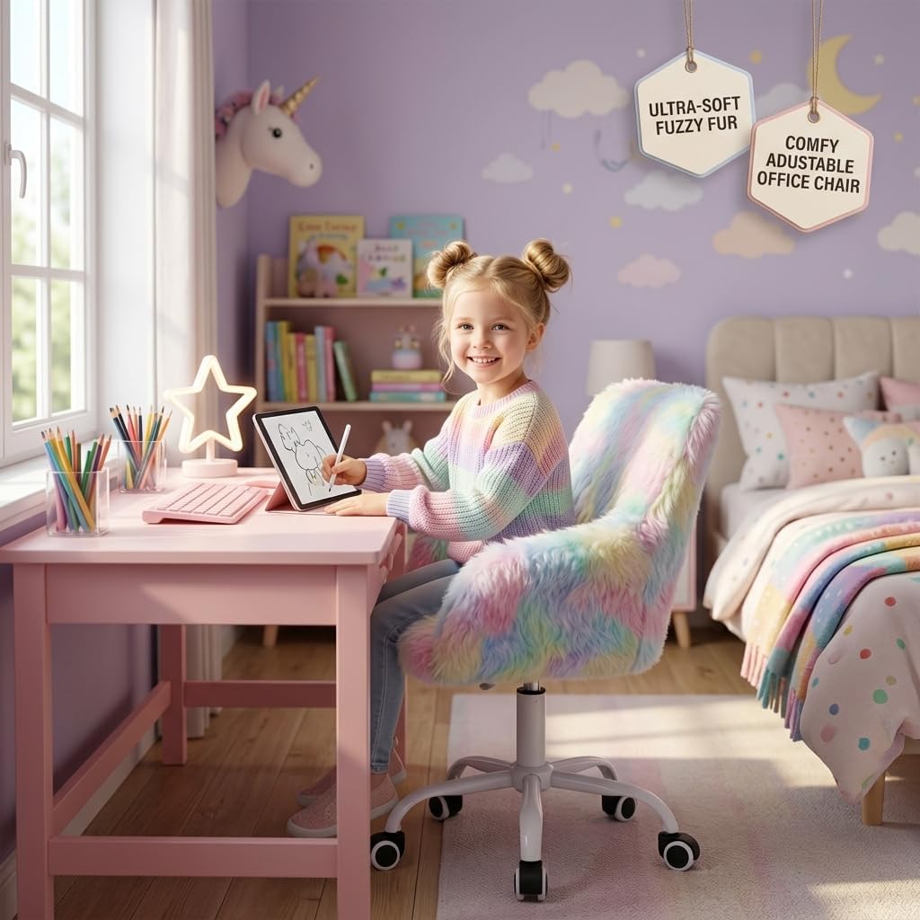 HEAH-YO Swivel Kids Chair with Wheels, Adjustable Kid Desk Chair with Arms, Cute Faux Fur Kids Study Chairs for Boys and Girls, Rainbow Color