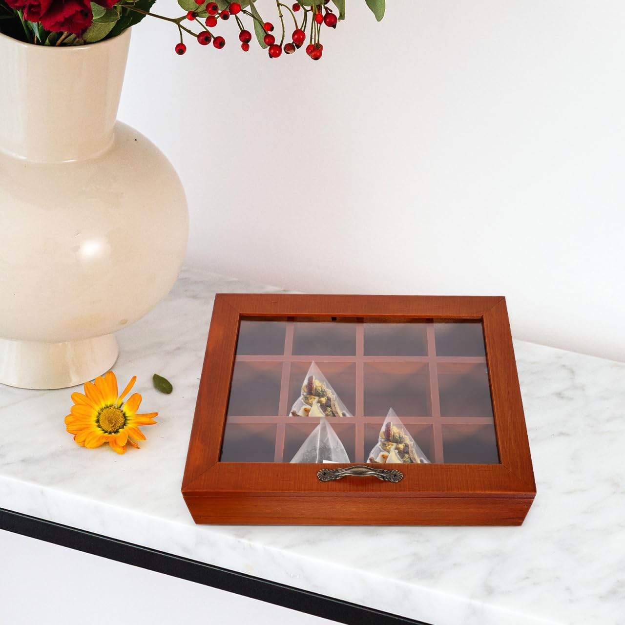 Baluue 12 Compartment Tea Bag Organizer Box with Clear Acrylic Lid Decorative Wood Grain Packet Holder Case Storage Chest Container for Kitchen Countertop Cabinet