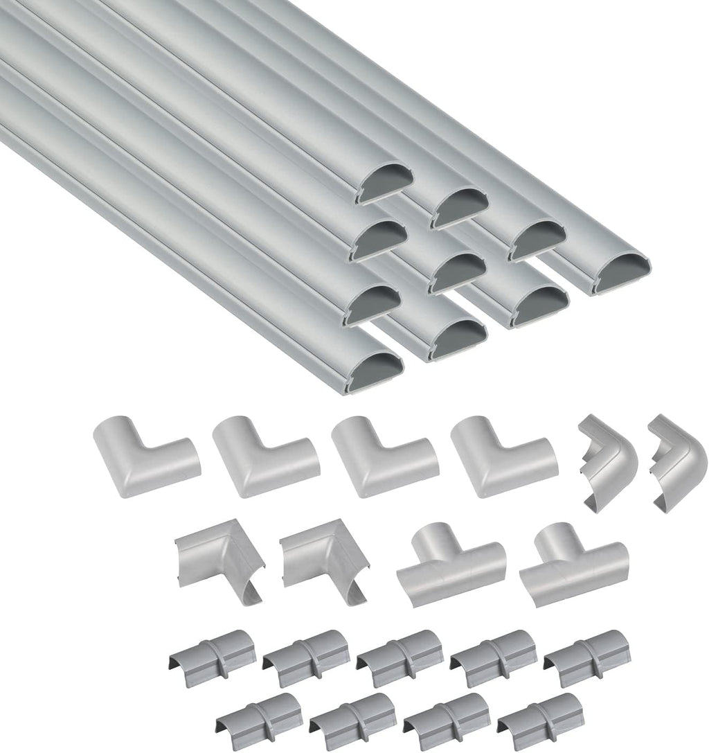 D-Line 157in Cord Cover Kit, Self-Adhesive Wire Hiders, Cable Raceway to Hide Wires on Wall, Electrical Cable Management - 10x 15.7 Lengths & 19 Accessories - 1.18" (W) x 0.59" (H) - Gray