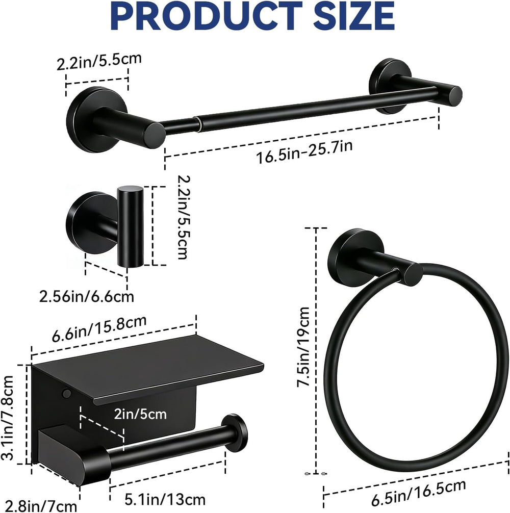 Bathroom Hardware Set for Bathroom Wall, 16-24" Extendable Towel Bar, Black