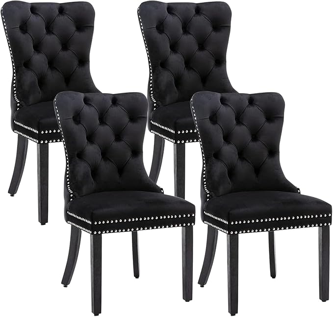 Velvet Dining Chairs Set of 4, Upholstered Dining Room Chairs with Nailhead R...