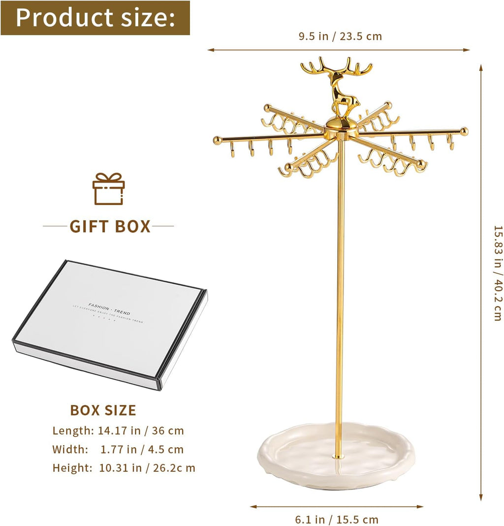 Necklace Holder Jewelry Stand, Rotating Necklace Holder Organizer with 48 Hooks for Necklace Earring Keychains Bracelet Display Stand, Metal Necklace Tree Stand -Women Gifts (Gold)