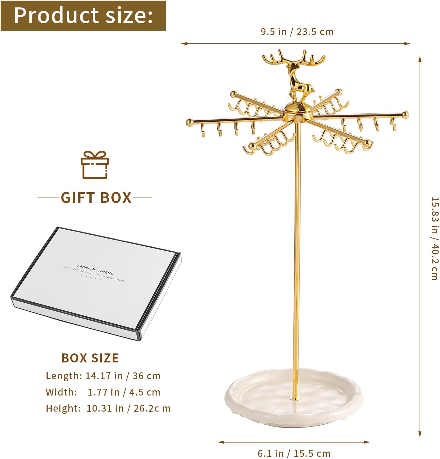 Necklace Holder Jewelry Stand, Rotating Necklace Holder Organizer with 48 Hooks for Necklace Earring Keychains Bracelet Display Stand, Metal Necklace Tree Stand -Women Gifts (Gold)