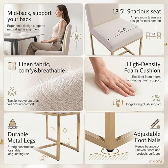 CIMOTA Modern Dining Chairs Set of 6, Upholstered Dining Room Chairs Armless Guest Side Chair with Gold Base for Dining Room/Kitchen, Beige, 6PCS
