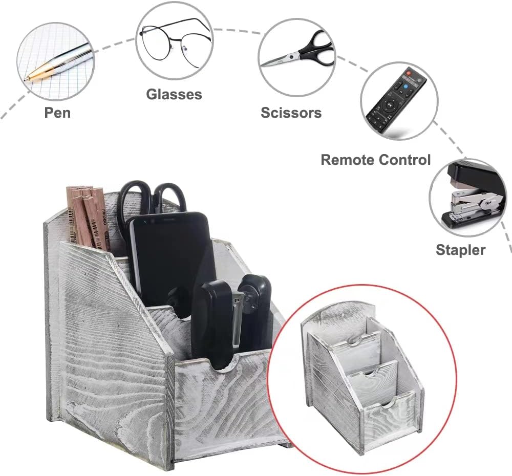 VERGOODR 3 Slot Rustic Wooden Remote Control Frame Media Organizer, Office Supply Storage Rack,Pen storage box (Grey)