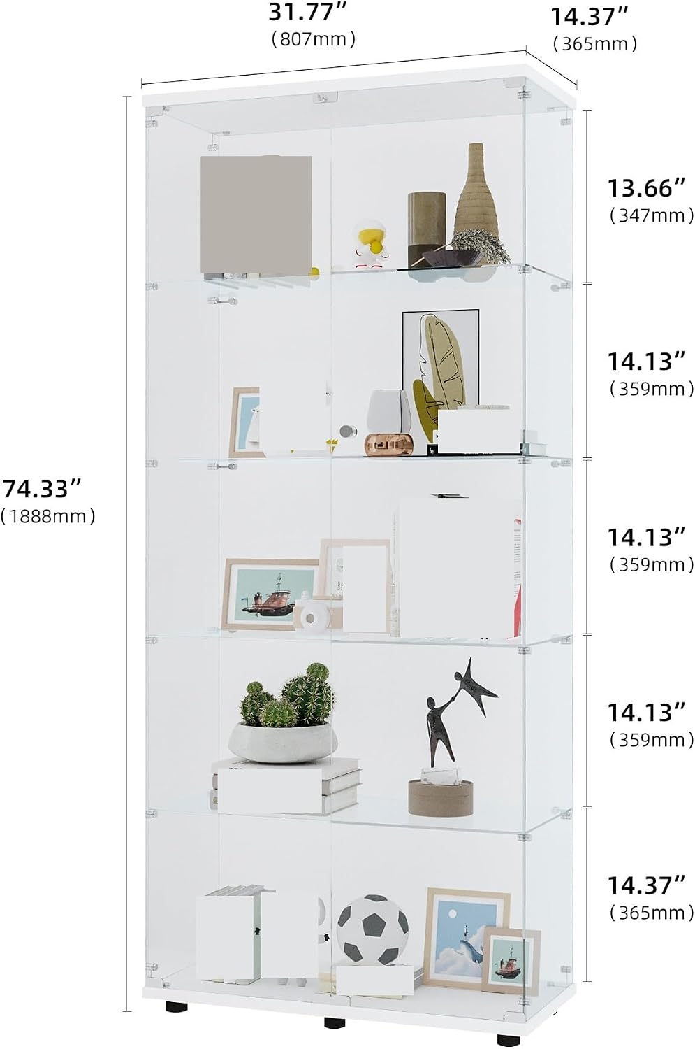 Glass Display Cabinet with 5 Shelves Double Door, Cabinets for Living Room, B...