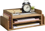 KIRIGEN Wood Desk Organizer 5 Trays - Desktop Document Letter Tray for Folders, Mail,File -Nature 3-Tier Office Mail Sorter Organizer Rack/Telephone Stand/Document Holder Dark Brown(2TP-DBR)