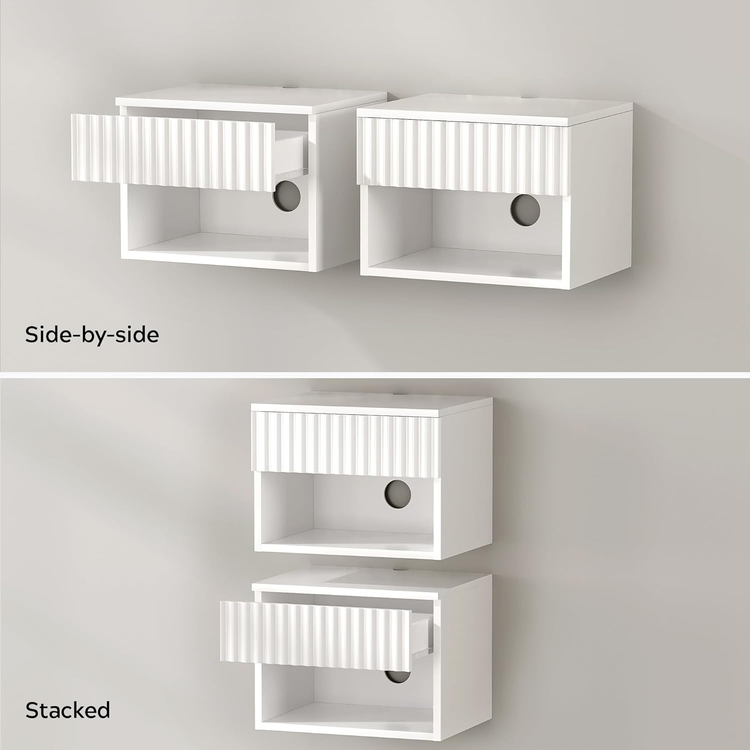 Fluted Floating Nightstand Set of 2 with Drawer, Modern Night Stand with Fluted Door and Open Storage Shelf Wall Mounted Bedside Table for Bedroom, Entryway White