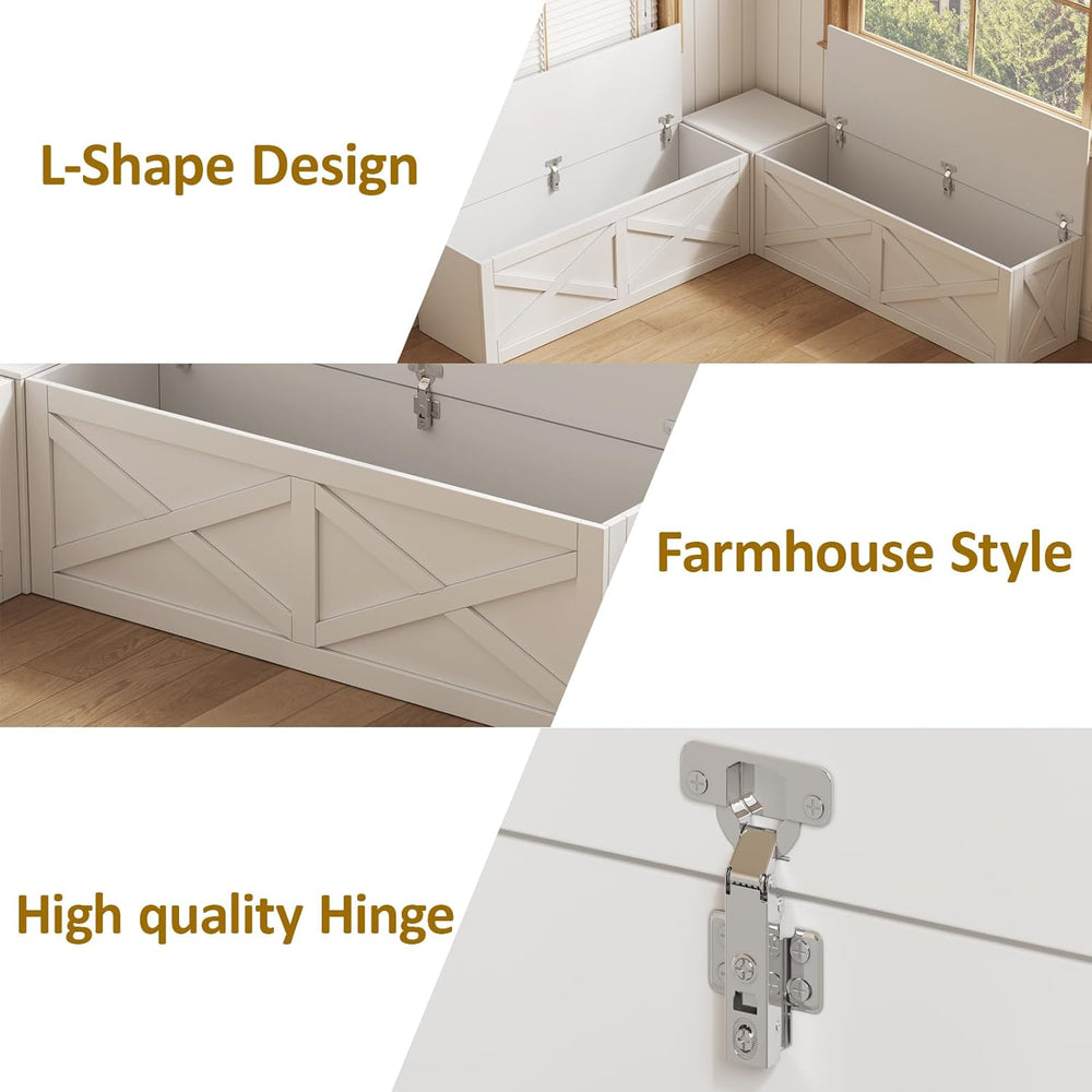 L-Shape Storage Bench with Cushion, Farmhouse Corner Dining Bench, Kitchen Br...