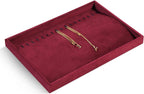 Velvet Jewelry Display Tray For Bracelet Pendant Necklace, Multi-Slot Stackable Storage Tray For Long Chain Jewelries, Drawer Insert Jewelry Organizer (Red)