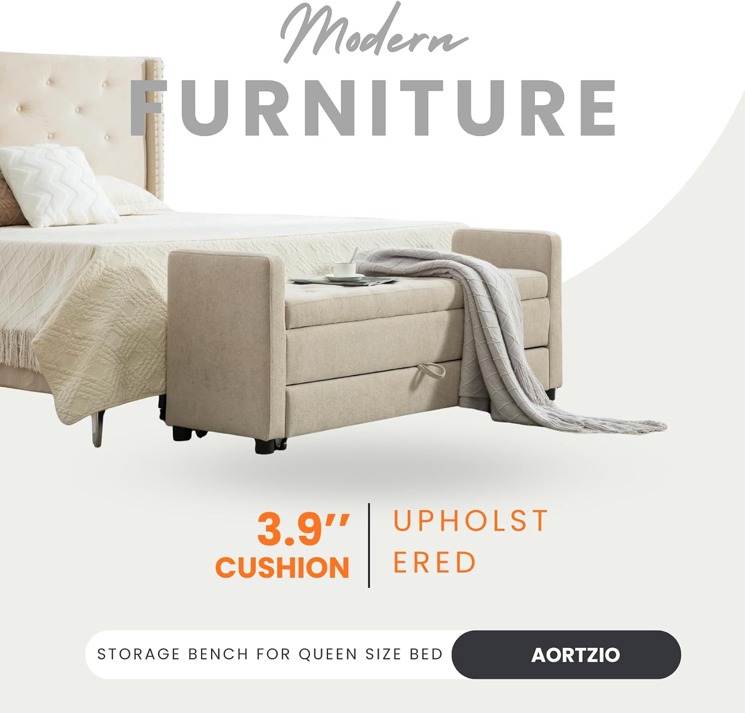 58.3" 2-Tier Storage Bench Upholstered with Drawer, Griege. | End of Bed Bench, 2-Tier Storage King Size Bench Upholstered for Bedroom, Cloakroom, Entryway, Hallway, Window.