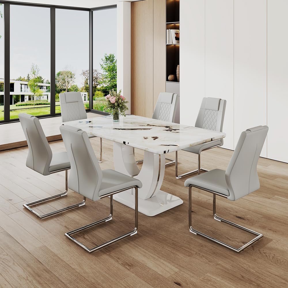JUFU Dining Table Set for 6 with Chairs PU Upholstered, 63'' White Fa...
