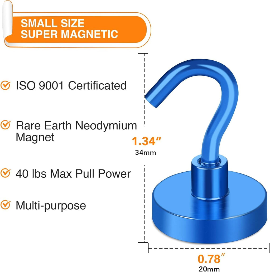 MIKEDE Magnetic Hooks Heavy Duty, 10 Lbs Magnet with Hooks for Cruise Cabins, Strong Magnets Neodymium for Hanging, Magnetic Wall Hooks for Refrigerator, Locker, Workplace(Blue, 10 Pack)