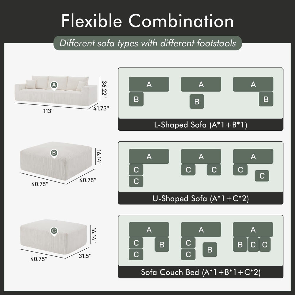 Gericco 113" Modular Sectional Couch, Cloud Sofa with Deep Seats, Uphols...