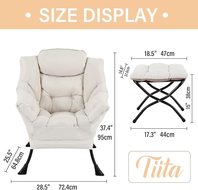 Tiita Lazy Chair with Ottoman, Modern Large Accent Lounge Armchair, Comfy Leisure Sofa Reading Chair with Footrest for Bedroom, Living Room, Dorm Rooms, Garden and Courtyard, Beige