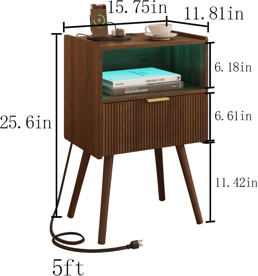 Leomonio Walnut Brown Nightstand, Modern Bedside Table with Charging Station ...