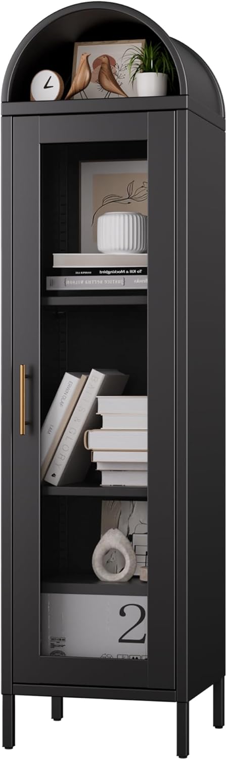 METAN Tall Metal Arched Display Cabinet with Glass Door, Narrow Freestanding ...