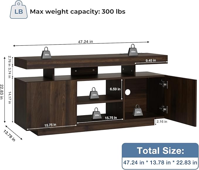 HOMMPA LED TV Stand for 55/50/43/40/32 inch TV - Modern Entertainment Center with Power Outlets, Gaming Console Cabinet with Storage Media Table and LED Lights for Living Room - Walnut
