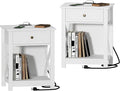 Treocho White End Table Set of 2,Nightstand with Charging Station, X-Design Side Table with 2 AC and USB Power Outlets, Small Night Stand with Storage Drawer and Open Shelf for Living Room
