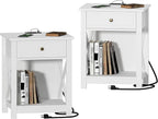 Treocho White End Table Set of 2,Nightstand with Charging Station, X-Design Side Table with 2 AC and USB Power Outlets, Small Night Stand with Storage Drawer and Open Shelf for Living Room