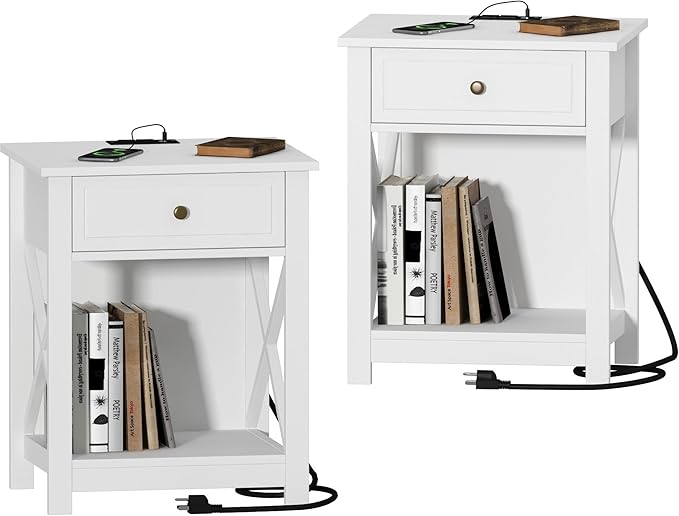 Treocho White End Table Set of 2,Nightstand with Charging Station, X-Design Side Table with 2 AC and USB Power Outlets, Small Night Stand with Storage Drawer and Open Shelf for Living Room