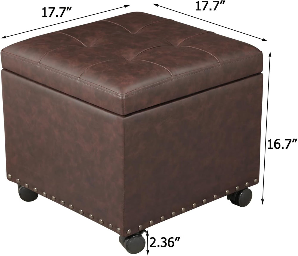 Adeco 16.7" H Brown Leather Storage Ottoman with 360 Caster Wheels, Squa...