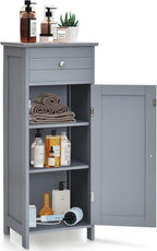 HAPPYGRILL Bathroom Floor Cabinet, Single Door Floor Storage Cabinet Organizer with Drawer and 3-Level Adjustable Shelves, Bathroom Cabinets Freestanding with Anti-Tipping Device for Living Room