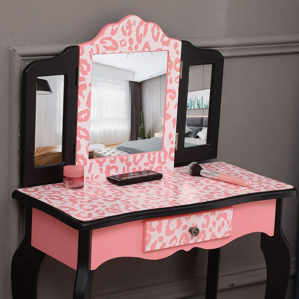 Vasitelan Vanity Table and Chair Set, Vanity Set with Mirror and Stool, Makeu...