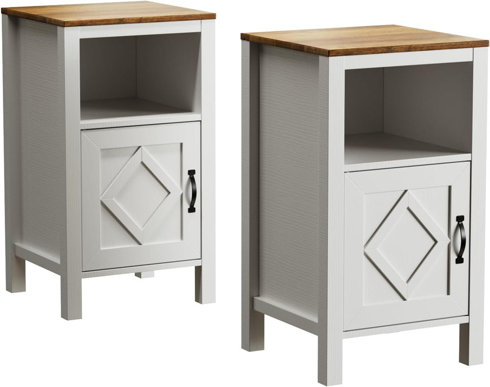 BVIUNTWO Set of 2 Modern White Side Tables with Cabinet & Open Department...