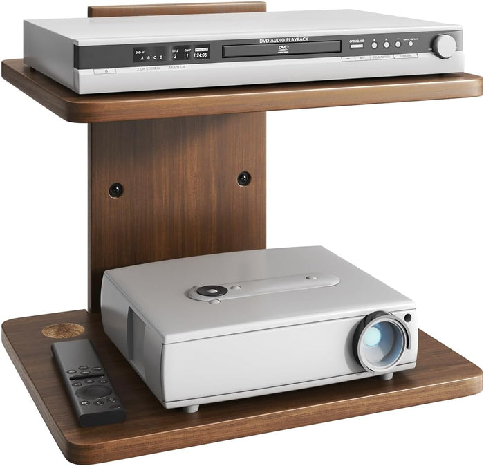 Floating TV Projector Shelf Wall Mount - 2 Tier Wooden Shelf, Walnut Brown