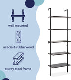happimess MSH1001A Madera 72.05" Classic Industrial 5-Shelf Wood Wall-Mounted Open Ladder Bookcase with Metal Frame, Black