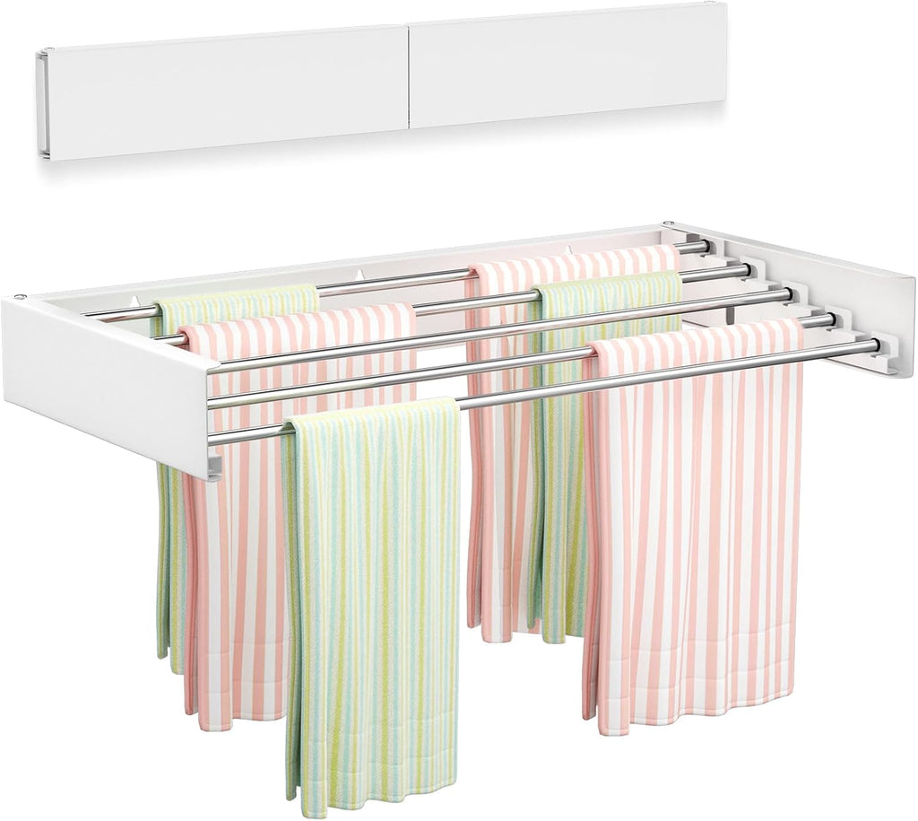 Wall Mounted Clothes Drying Rack 23.6", Foldable Wall Mount Laundry Rack Folding Indoor, Drying Rack Clothing Collapsible, Hidden Space Saver with Wall Template, 5 Rods, White