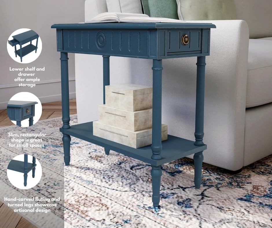 East at Main Handmade Solid Wood Narrow End Table with Drawer, Slim Blue Side...