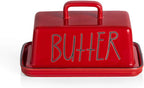 Sweejar Ceramic Butter Dish with Handle Lid, 7.3 Inch Porcelain Large Butter Keeper with Cover, Perfect for East/West Butter (Red)