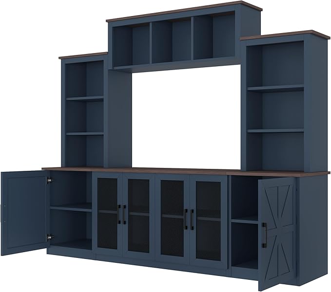 Wall Unit Entertainment Center with Charging Station and USB Charging for TVs, TV Stand with Large Storage Cabinet, Modern TV Stand Media Console with Cabinets (Blue/T)