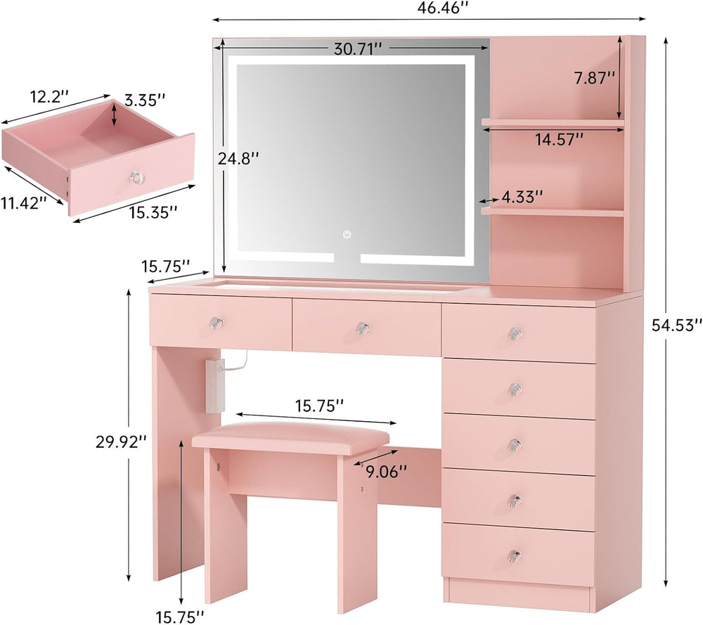 VOWNER Vanity with Mirror and Lights - 47" Glass Top Makeup Vanity Desk ...