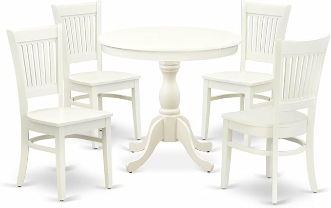 East West Furniture AMVA5-LWH-W 5 Piece Kitchen Table & Chairs Set Includes a Round Dining Room Table with Pedestal and 4 Dining Chairs, 36x36 Inch, Linen White