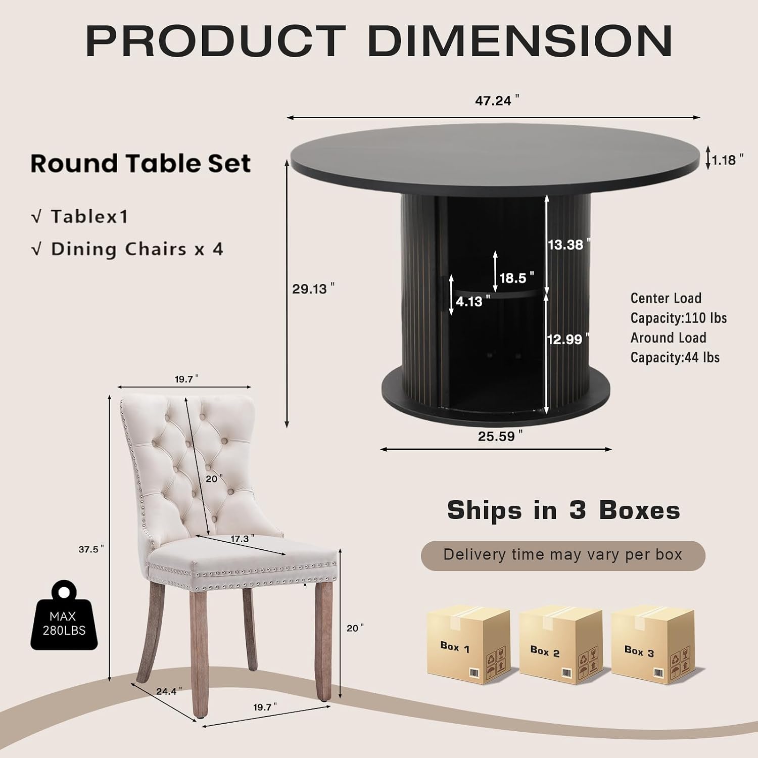 47" Kitchen Round Dining Table 5 Piece Set with Velvet Upholstered Chairs | Multi padded chairs, round oval dining sets for apartments, wipeable tabletop, fits farmhouse & modern decor