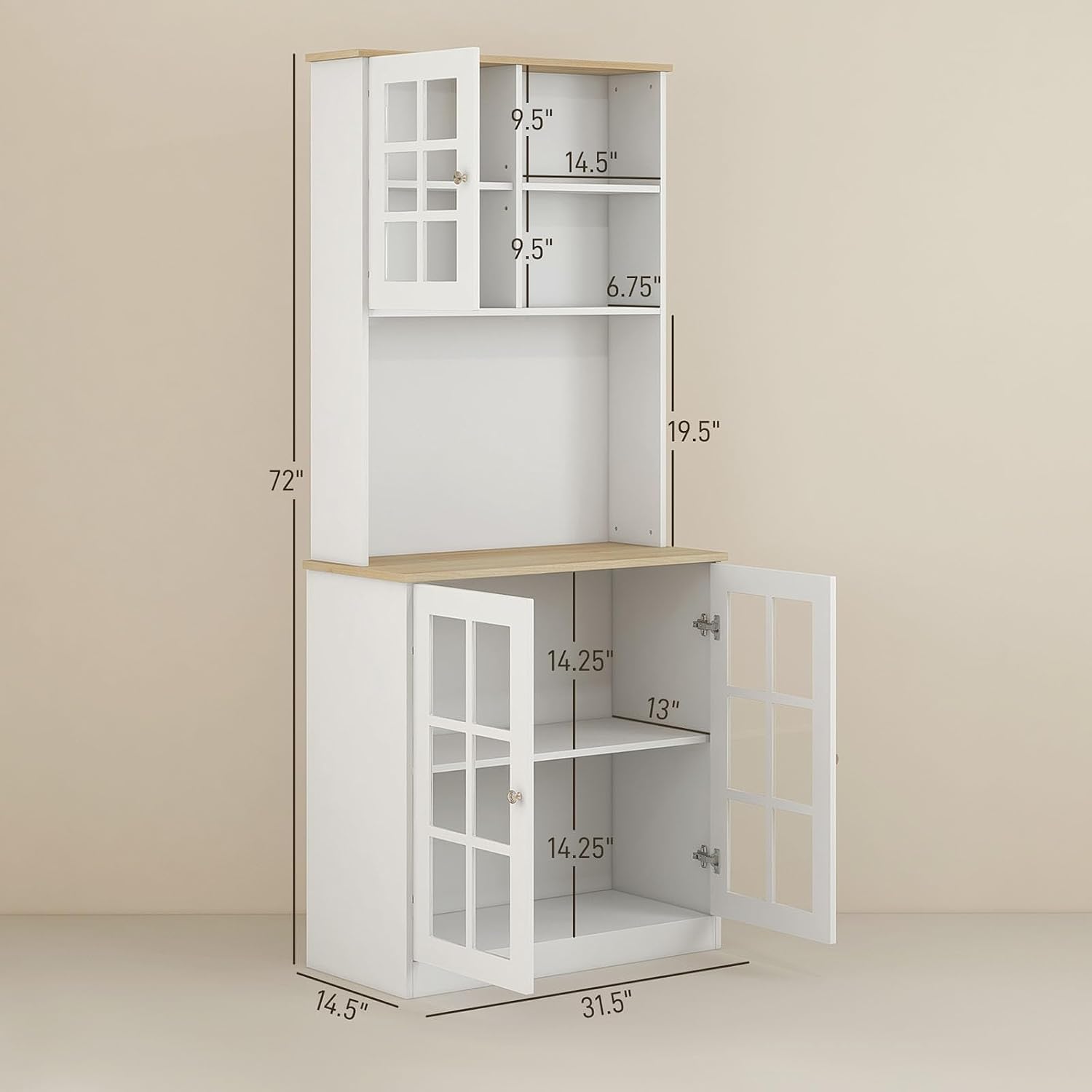 Pantry Cabinet, 72" Freestanding Storage Cabinet with Hutch, Large Countertop, Glass Doors and Adjustable Shelves, Microwave Cabinet, Coffee Bar Cabinet for Dining Room