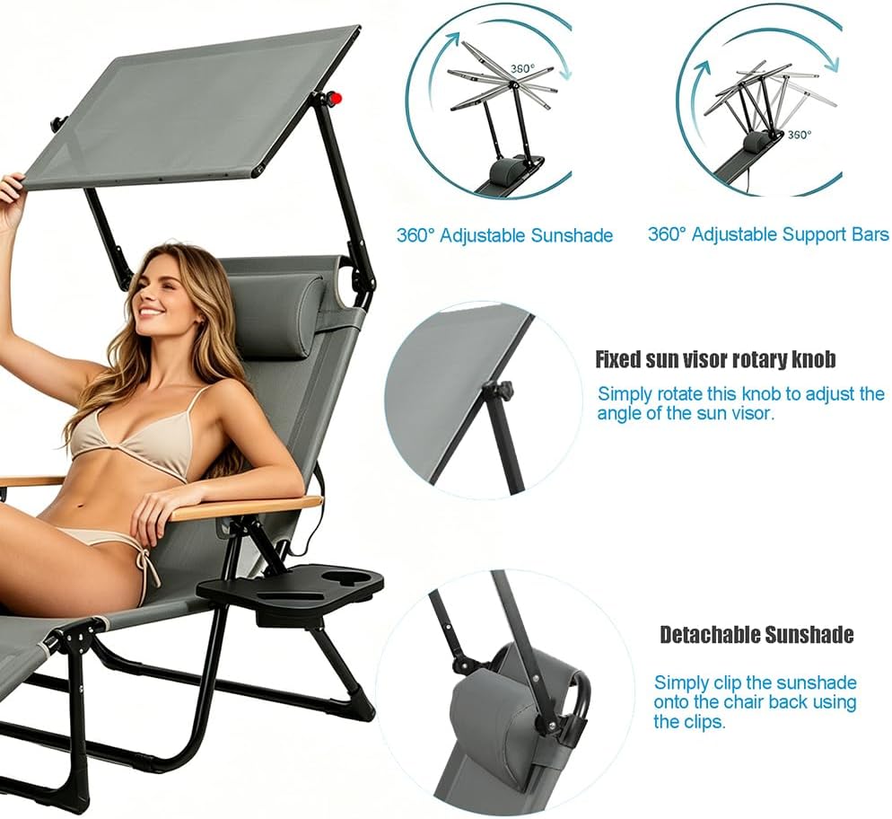 Folding Lounge Chair with Adjustable Canopy, Portable Sun Lounger with 4-Posi...