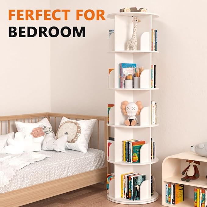 Nidouillet Rotating Bookshelf Tower, 5 Tier Spinning Bookcase Lazy Susan, Revolving 360 Book Shelf Storage Round Organizer, Vertical Rotate Turning Corner Book Case for Small Space, White