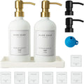 Glass Soap Dispenser for Kitchen, Farmhouse Kitchen Dish Soap Dispenser&Hand Soap Dispenser Set, Rustproof Pump Soap Lotion Dispenser Bathroom with Tray, Waterproof Label for Decor(White
